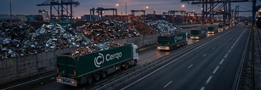 Cerqo-lastbilar i konvoj genom hamnområde